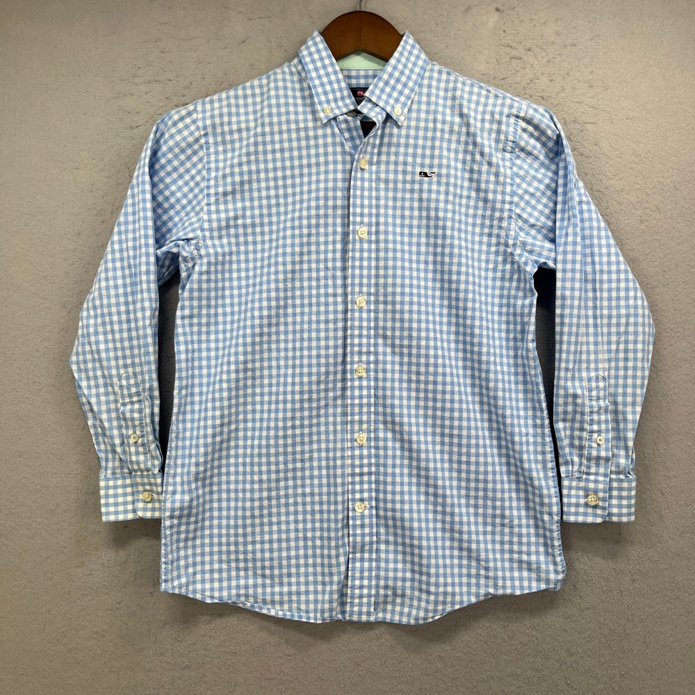 Vineyard Vines Button Down Boys Medium Blue Gingham Whale Shirt Preppy